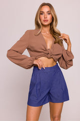 High-Waisted Cotton Shorts with Pleated Front