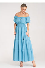 Spanish Neckline Maxi Dress with Puffed Sleeves