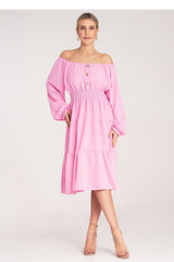 Ruched Spanish Neckline Midi Dress with Wooden Buttons