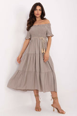 Midi Dress with Spanish Neckline & Tie Belt