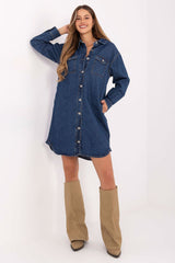 Sublevel Simple Cut Long Sleeve Collared Denim Dress