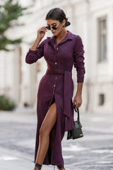 Button Down Tie Belt Viscose Blend Dress