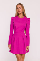 Cotton Blend Round Neckline Pleated Mini Dress