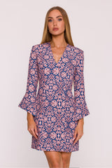 Colorful Floral Print Dress with V-Neckline and Flare Sleeves