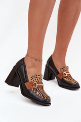 Eco Leather Round Toe Gold Accent Column Heeled Shoe