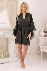 Kailmo Feathered Sleeve Short Satin Robe