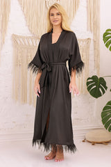 Kalimo Feathered Sleeve Satin Full Length Dressing Gown