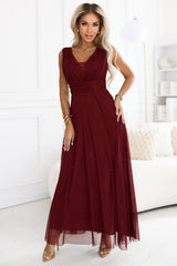 Long Evening Dress with Wrap V-Neck and Flared Maxi Hem