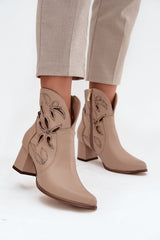 Leather Lace Pattern Ankle Heel Boots