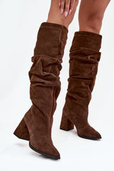 Suede Pleated Shaft Heel Boots