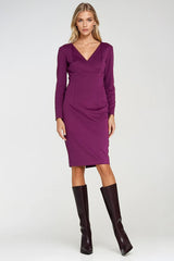 V-Neck Fitted Knit Dress with Long Sleeves