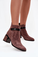 Suede Column Heel Ankle Heel Boots with Decorative Strap
