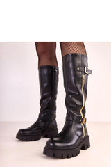 Black Vegan Leather Full Length Boots with Decorative Gold Zipper