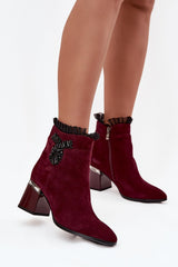 Red Suede Zipper Ankle Column Heel Boots