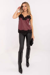 Faux Leather V-Neck Top with Lace Trim