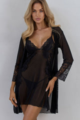 Transparent Tulle Robe, Chemise & Thong Set