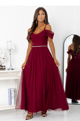 Off-Shoulder Evening Gown with Decorative Belt and Leg Slit