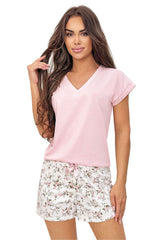 Soft Cotton V-Neck Pajama Set with Floral Shorts in Powdery Pink