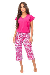 Soft Cotton Pajama Set with V-Neck Top and Printed 3/4 Pants