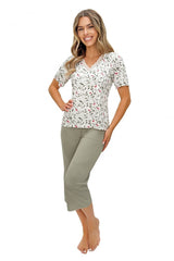 Women's Lace V-Neck Pajama Set – Breathable Viscose Blend with Modern Print