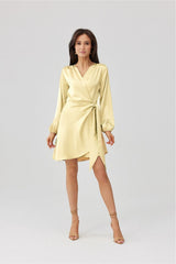Catlin Satin Wrap Dress with Puff Sleeves
