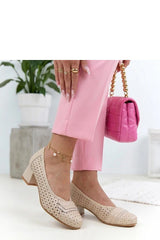 Openwork Natural Leather Block Heel Pumps with Round Toe