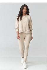Beige Cotton Tracksuit Set with Tapered Pants