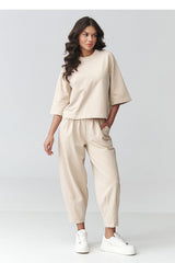 Beige Loose 3/4 Sleeve Top and Pant Set