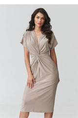 Elegant V-Neck Midi Dress with Waist Gathering