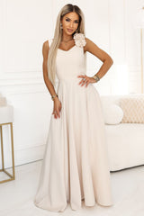 Maxi Evening Dress with Shoulder Flower Detail