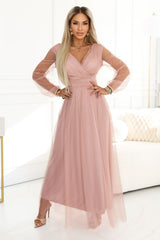 Maxi Dress with Tulle Sleeves and Wrap V-Neck