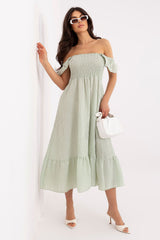Spanish Check Midi Dress with Ruffled Off-Shoulder Neckline
