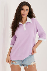 Classic Cotton Ribbed Blouse with Three-Quarter Sleeves