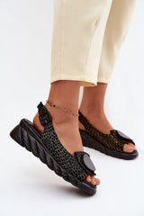 Leather Grid Print Wedge Sandals