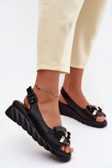 Black Leather Sandals with Peep Toe Bow Detail