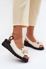 Leather Sandals with Peep Toe Bow Detail