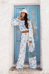 Blue and White Linen Viscose Blend Pant Set