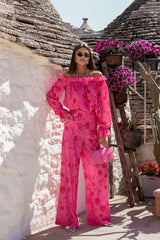 Hot Pink Linen Viscose Blend Pant Set