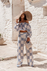 Blue Patterned Linen Viscose Blend Pant Set