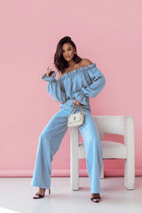 Baby Blue Linen Viscose Blend Pant Set