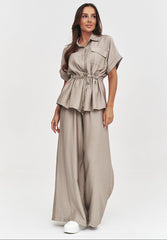 Women's Short Sleeve Tie Waist Blouse & Wide-Leg Trousers
