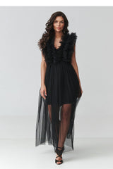 Black Tulle Evening Dress with Ruffled Shoulders