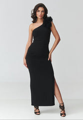 Elegant Black One-Shoulder Maxi Dress with Embellished Detail
