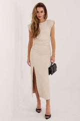 Elegant Midi Pencil Dress with Waist Detail and Thigh Slit