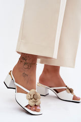 Leather Decorative Flower Block Heel Sandals