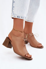 Elegant Natural Leather Heel Sandals with Zip Closure