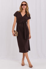 Midi Dress with Tie Belt and Side Slit