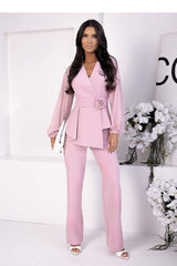 Elegant Wrap Blouse & Pants Set with Chiffon Sleeves