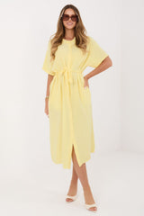 Flared Cotton Midi Shirt Dress with Lace Collar and Waist Tie