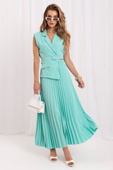 Elegant Midi Wrap Dress with Pleated Skirt and Waistcoat Detail